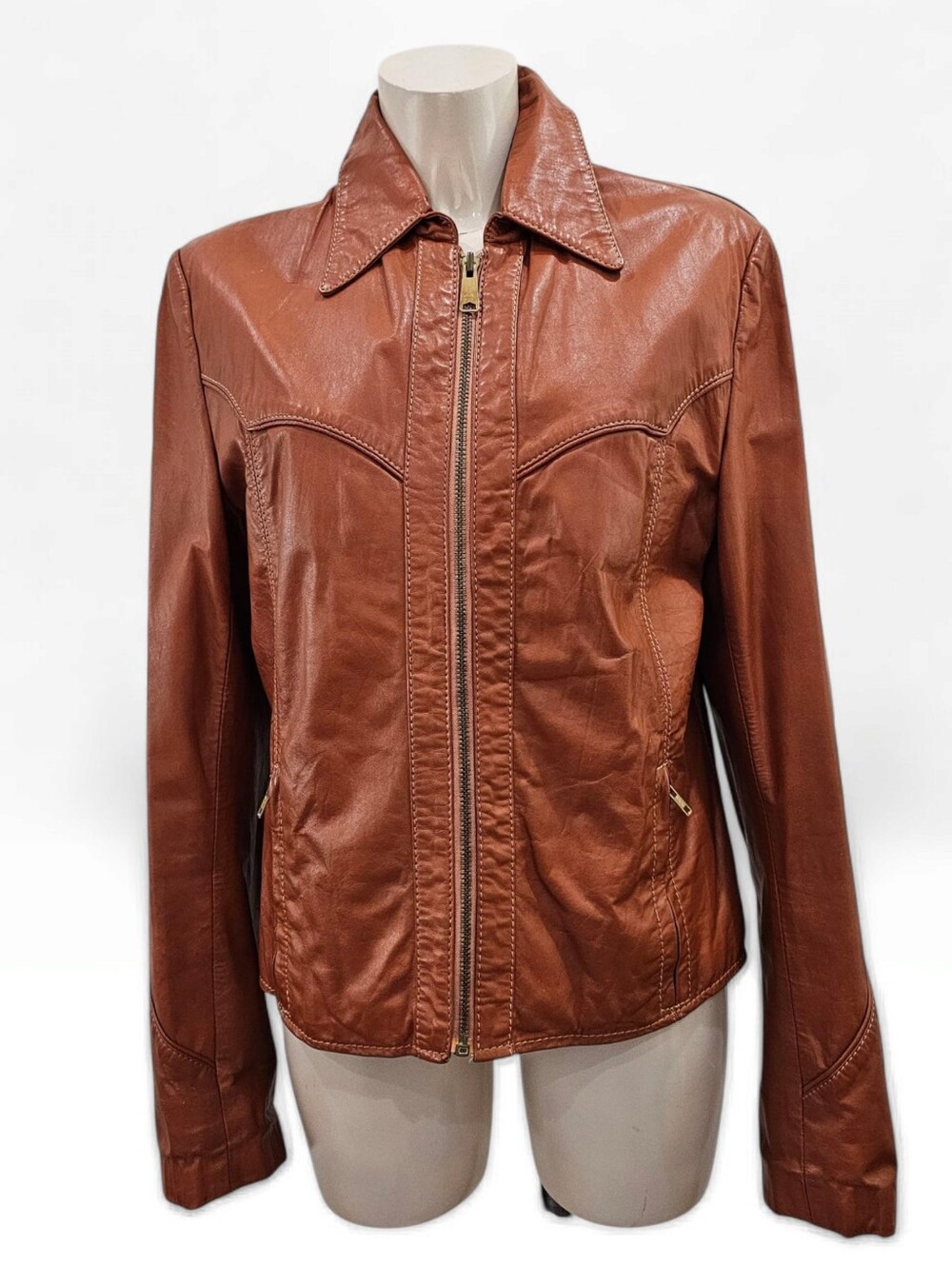 Vtg 70s CHESS KING Men Cognac Orange Brown Leather Pointed Collar Jacket 44/M